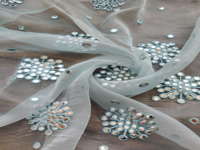 Sky Blue Silver Faux Mirror Embroidered Motifs Organza Fabric