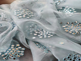 Sky Blue Silver Faux Mirror Embroidered Motifs Organza Fabric