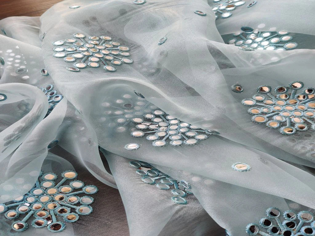 Sky Blue Silver Faux Mirror Embroidered Motifs Organza Fabric