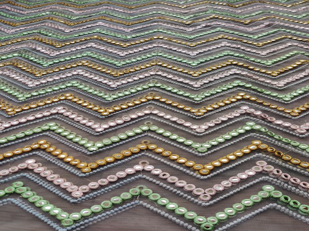 Multicolor Chevron Faux Mirror Embroidered Net Fabric