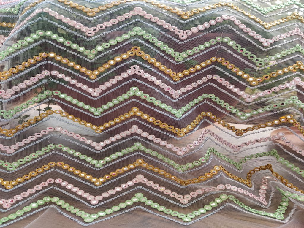 Multicolor Chevron Faux Mirror Embroidered Net Fabric