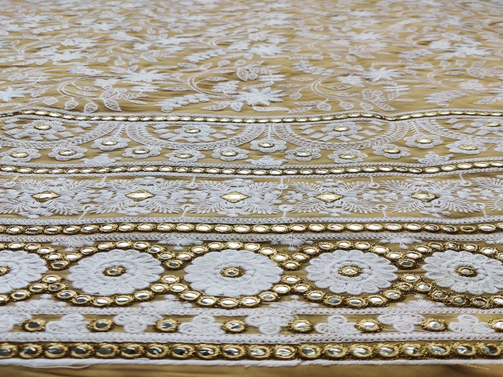 Beige White Flowers Mirror Work Chikankari Embroidered Georgette Fabric