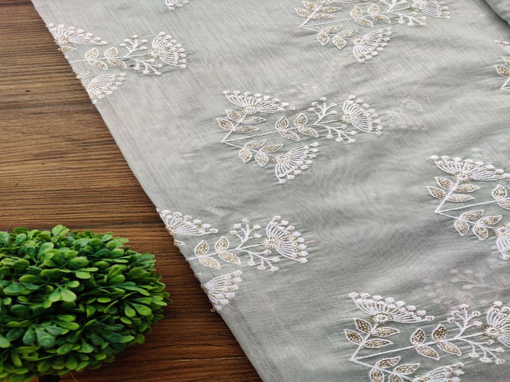 Gray White Thread and Golden Sequins Flowers Embroidered Chanderi Fabric