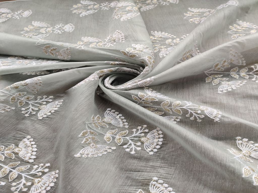 Gray White Thread and Golden Sequins Flowers Embroidered Chanderi Fabric