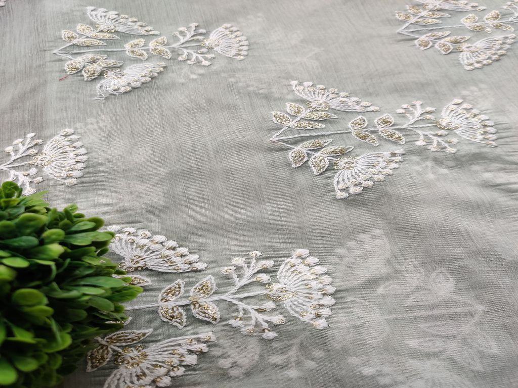 Gray White Thread and Golden Sequins Flowers Embroidered Chanderi Fabric