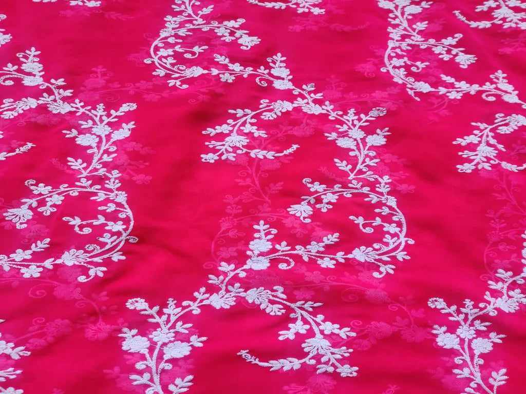Magenta Pink White Flowers Chikankari Embroidered Georgette Fabric