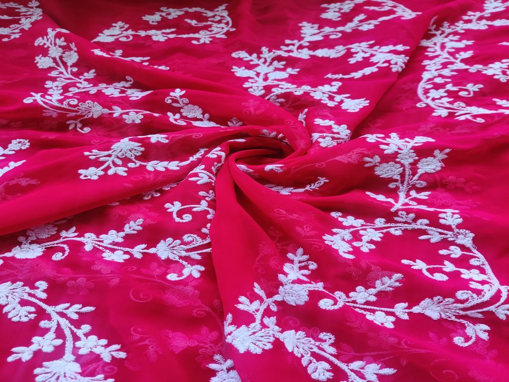 Magenta Pink White Flowers Chikankari Embroidered Georgette Fabric