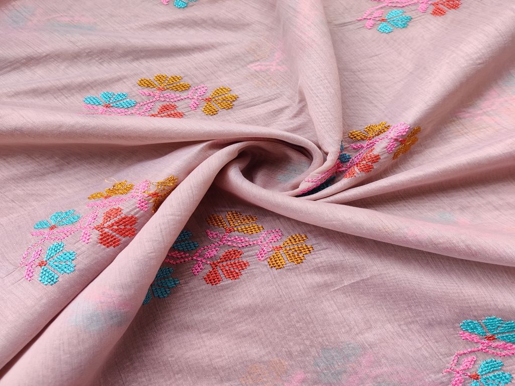 Mauve Pink Multicolour Flowers Embroidered Chanderi Fabric