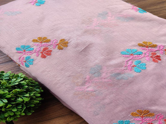 Mauve Pink Multicolour Flowers Embroidered Chanderi Fabric