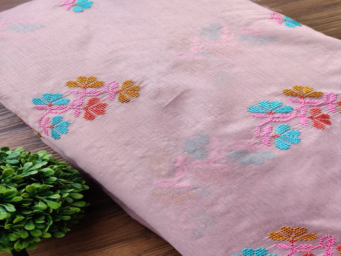Mauve Pink Multicolour Flowers Embroidered Chanderi Fabric