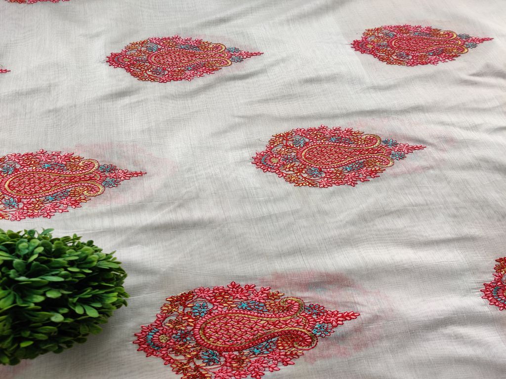 Off White Pink Floral Motifs Kashmiri Zari Embroidered Chanderi Silk Fabric