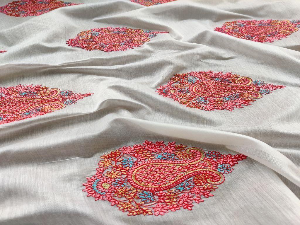 Off White Pink Floral Motifs Kashmiri Zari Embroidered Chanderi Silk Fabric