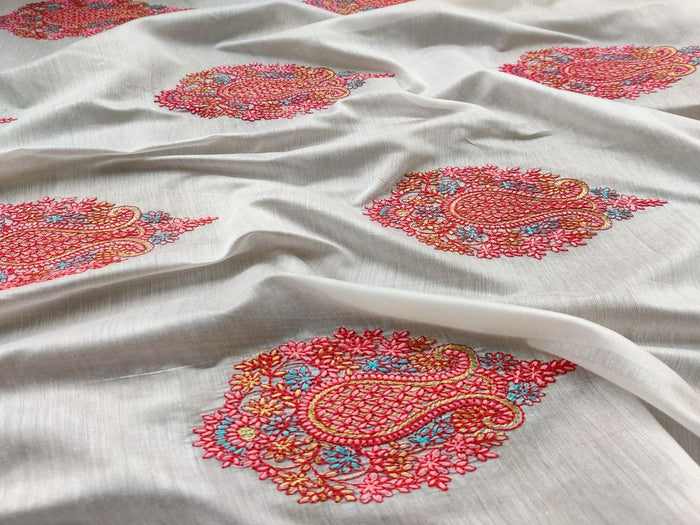 Off White Pink Floral Motifs Kashmiri Zari Embroidered Chanderi Silk Fabric