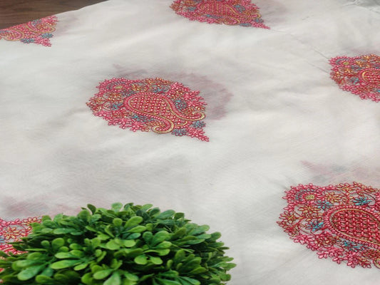 Off White Pink Floral Motifs Kashmiri Zari Embroidered Chanderi Silk Fabric