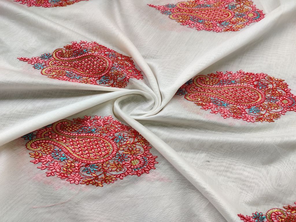 Off White Pink Floral Motifs Kashmiri Zari Embroidered Chanderi Silk Fabric