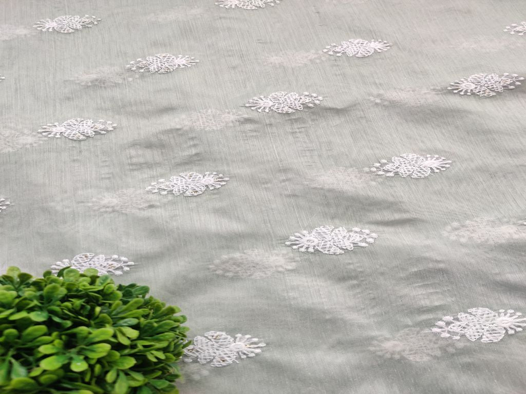 Gray White Floral Motifs Lakhnawi Embroidered Chanderi Fabric