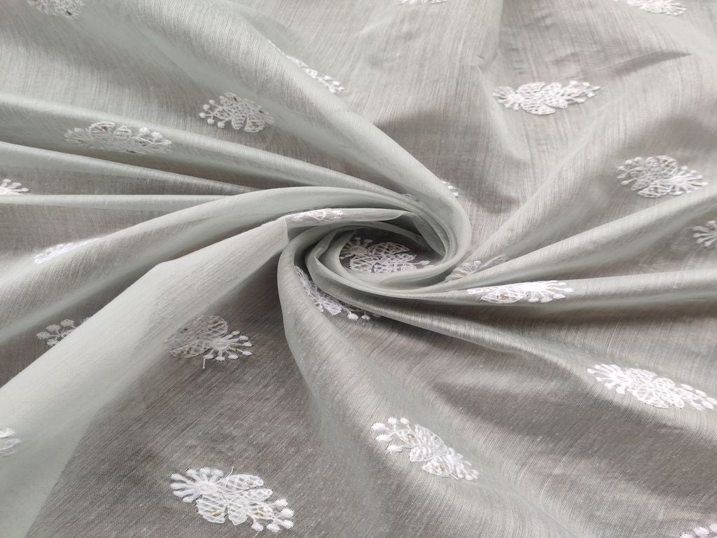 Gray White Floral Motifs Lakhnawi Embroidered Chanderi Fabric