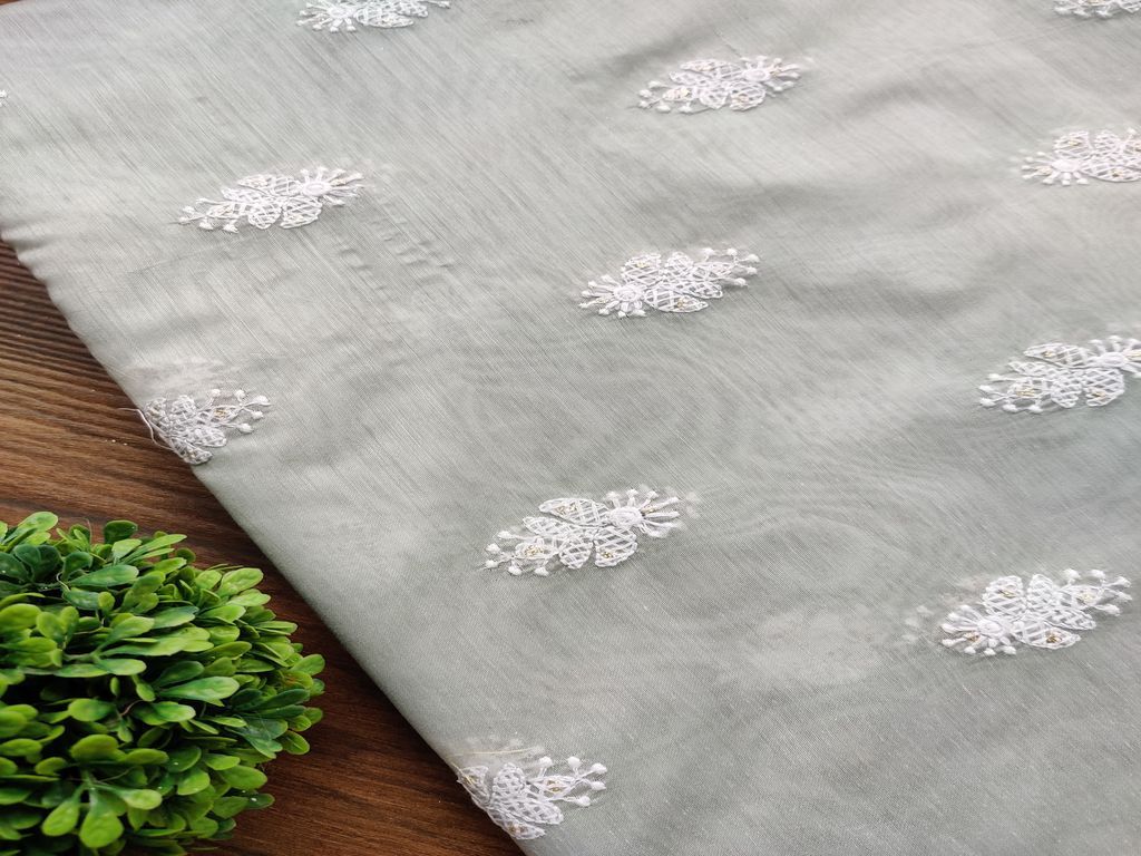 Gray White Floral Motifs Lakhnawi Embroidered Chanderi Fabric