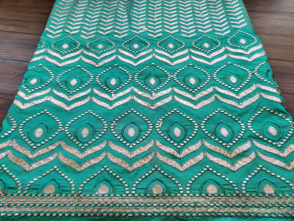 Peacock Green Floral Gota Patti Embroidered Taffeta Silk Fabric