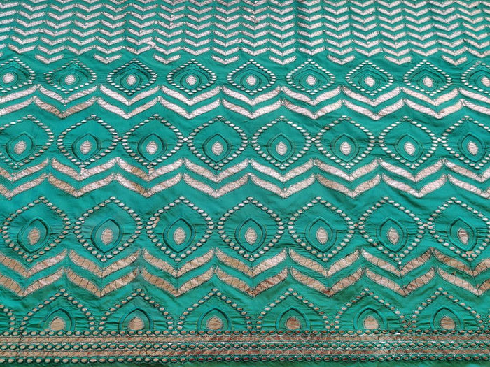 Peacock Green Floral Gota Patti Embroidered Taffeta Silk Fabric