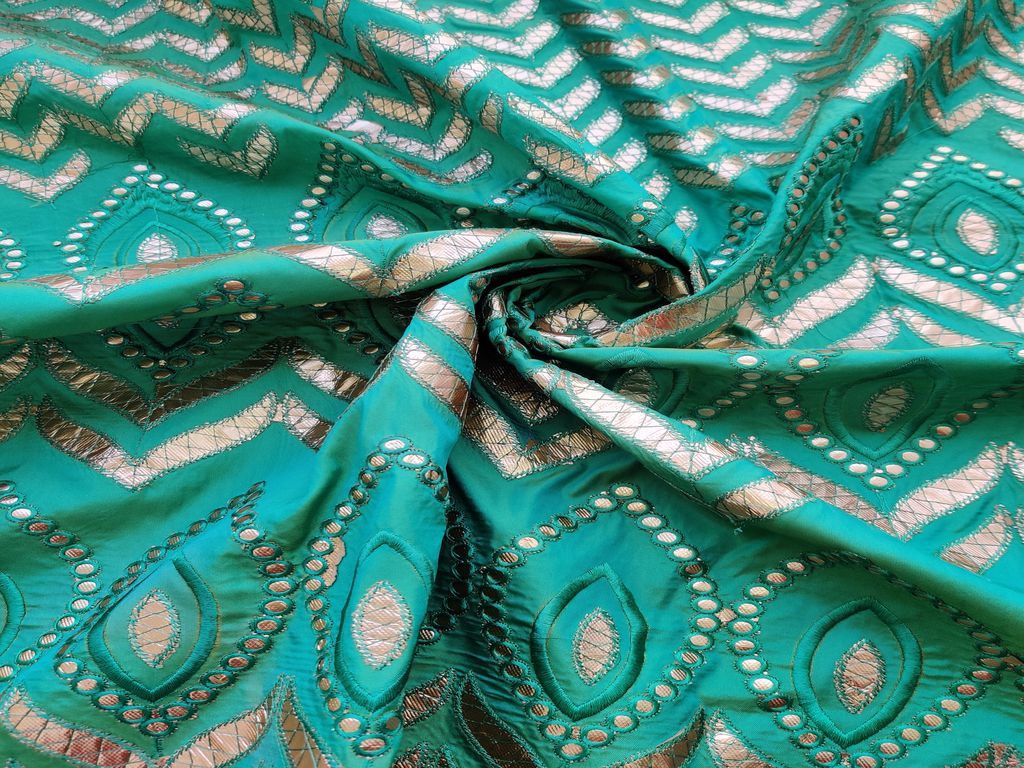 Peacock Green Floral Gota Patti Embroidered Taffeta Silk Fabric