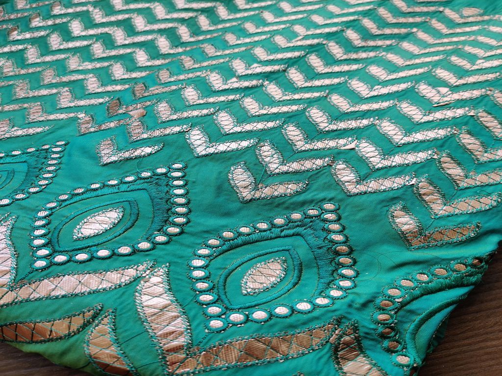 Peacock Green Floral Gota Patti Embroidered Taffeta Silk Fabric