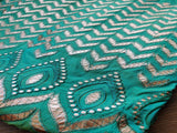 Peacock Green Floral Gota Patti Embroidered Taffeta Silk Fabric
