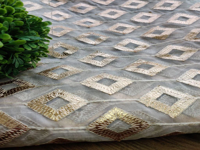 White Rose Golden Geometric Gota Patti Embroidered Organza Fabric