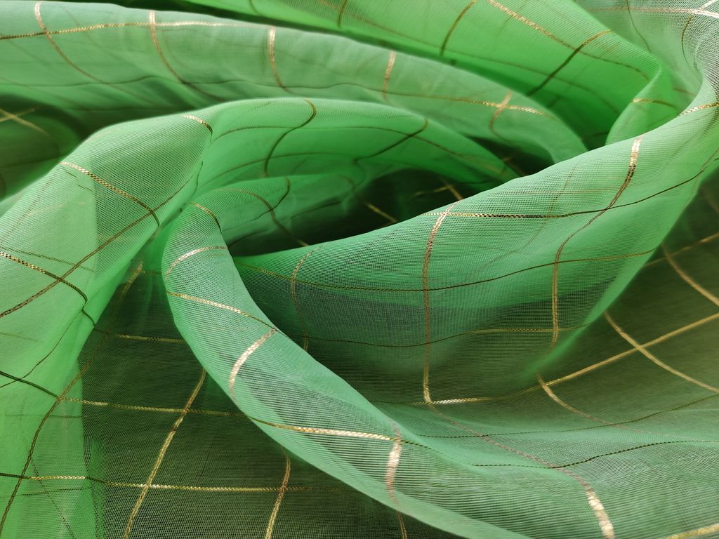 Green Golden Weaved Checks Organza Fabric