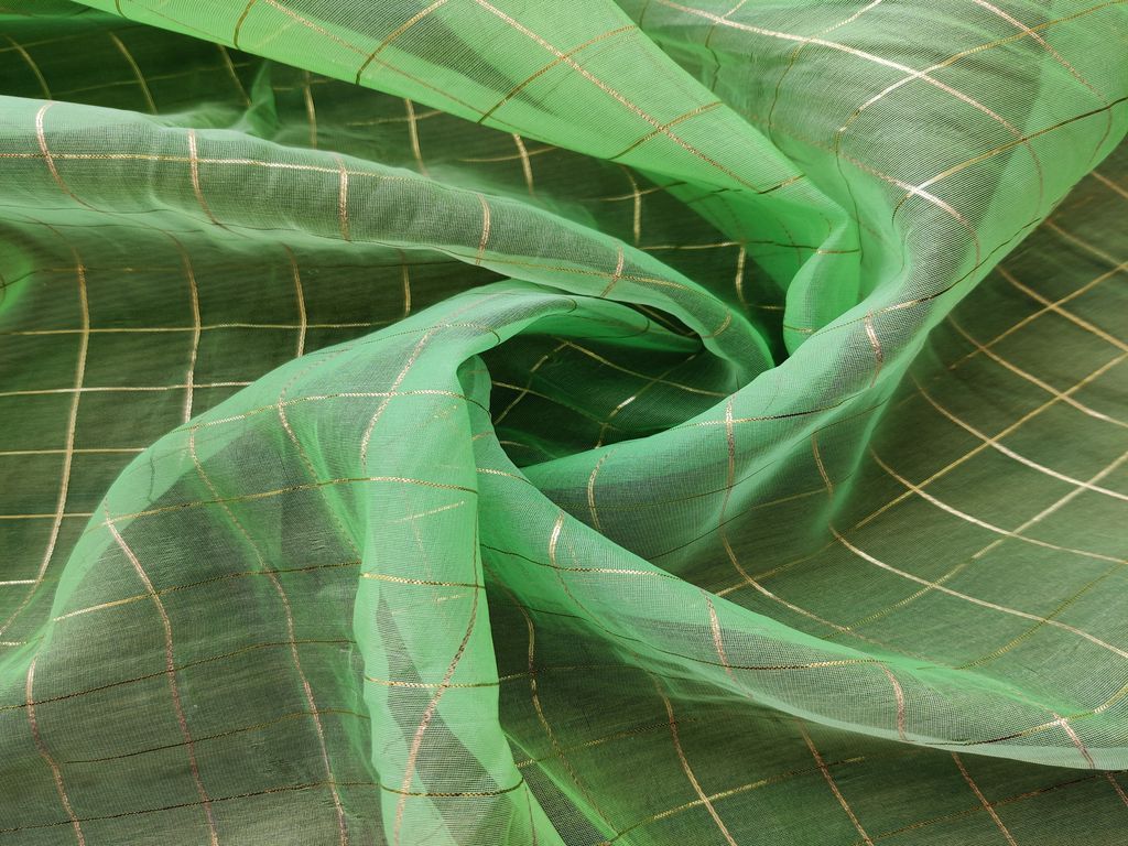 Green Golden Weaved Checks Organza Fabric