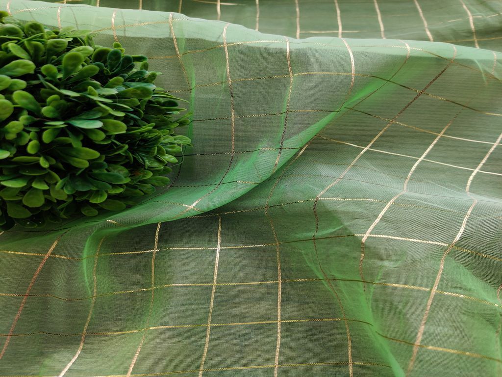 Green Golden Weaved Checks Organza Fabric