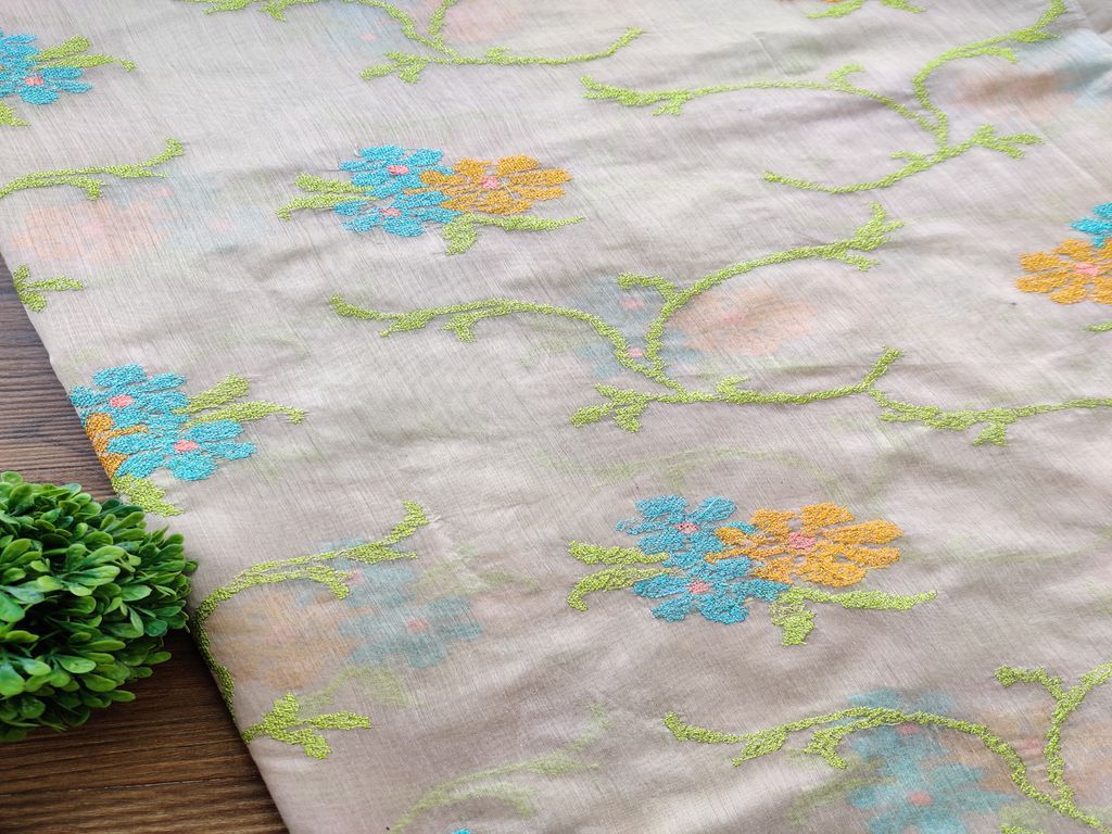 Beige Multicolour Cross Stitch Flowers Embroidered Chanderi Fabric