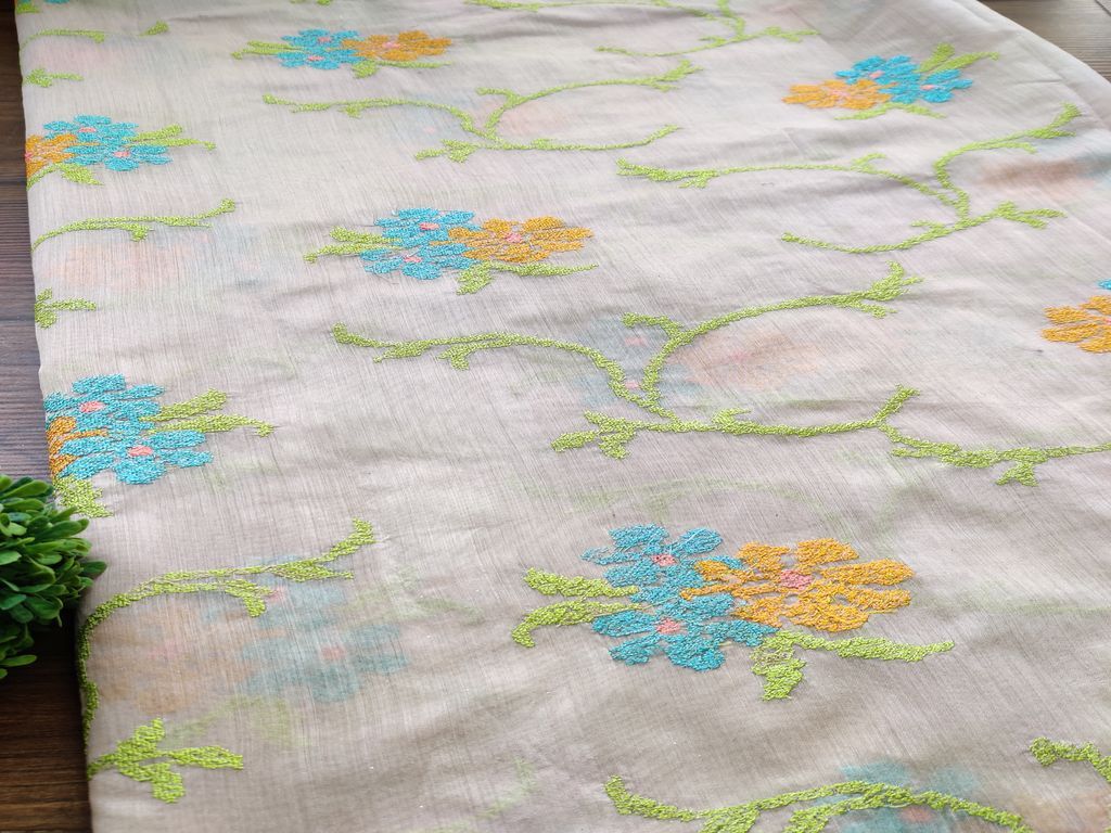 Beige Multicolour Cross Stitch Flowers Embroidered Chanderi Fabric