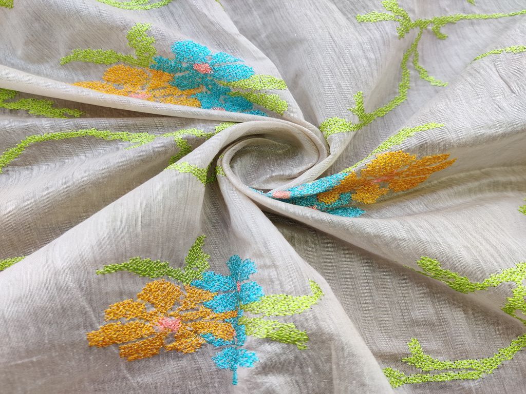 Beige Multicolour Cross Stitch Flowers Embroidered Chanderi Fabric