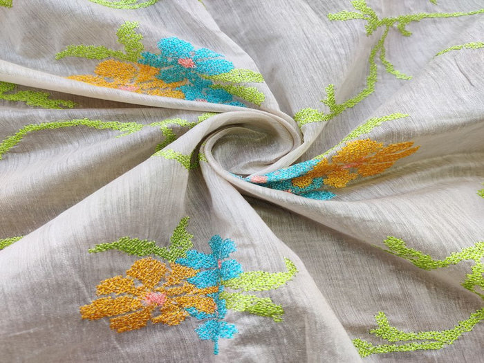Beige Multicolour Cross Stitch Flowers Embroidered Chanderi Fabric