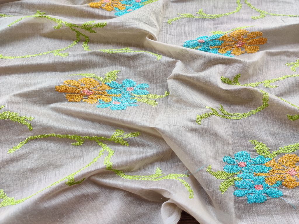 Beige Multicolour Cross Stitch Flowers Embroidered Chanderi Fabric