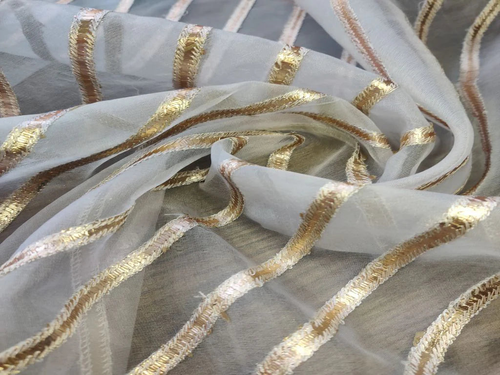 White Gold Gota Patti Stripes machine Embroidered Organza Fabric