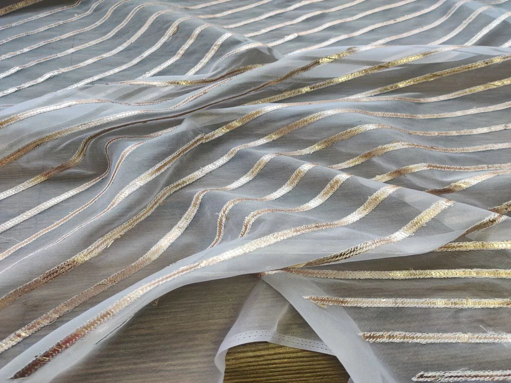 White Gold Gota Patti Stripes machine Embroidered Organza Fabric