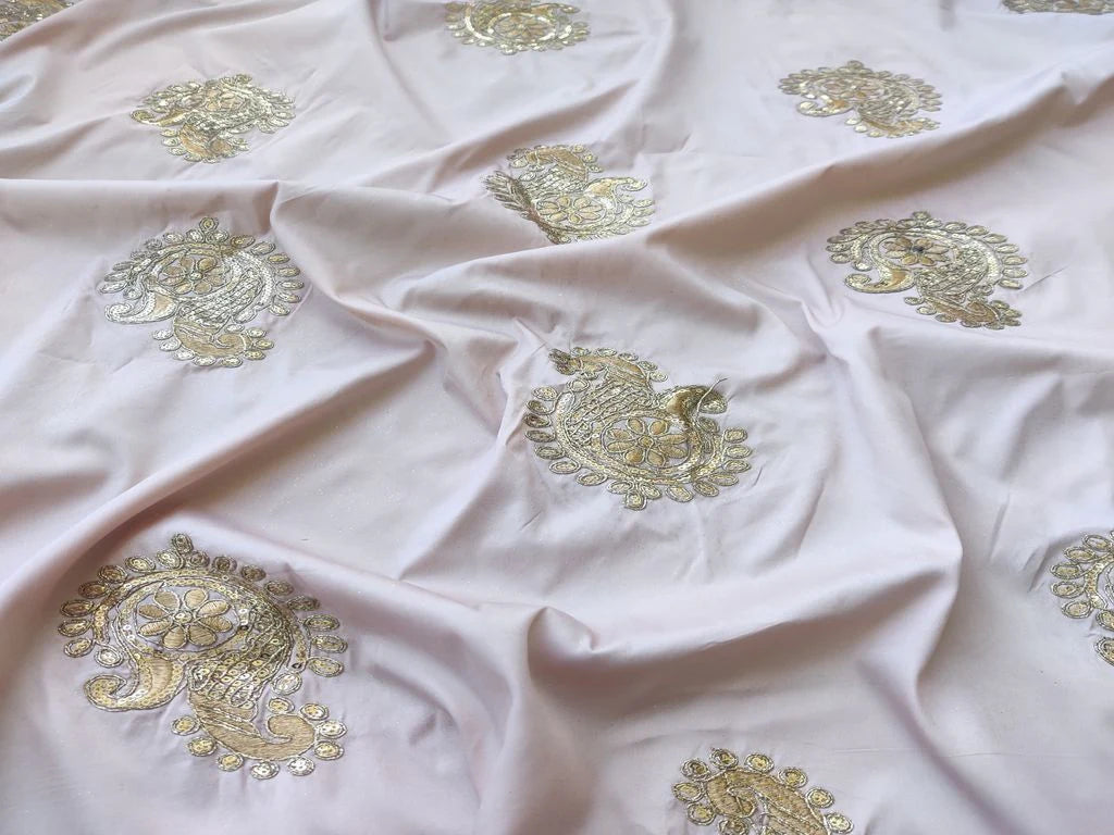 Peach Golden Sequins & Dori Floral Motifs Embroidered Taffeta Silk Fabric