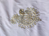 Peach Golden Sequins & Dori Floral Motifs Embroidered Taffeta Silk Fabric