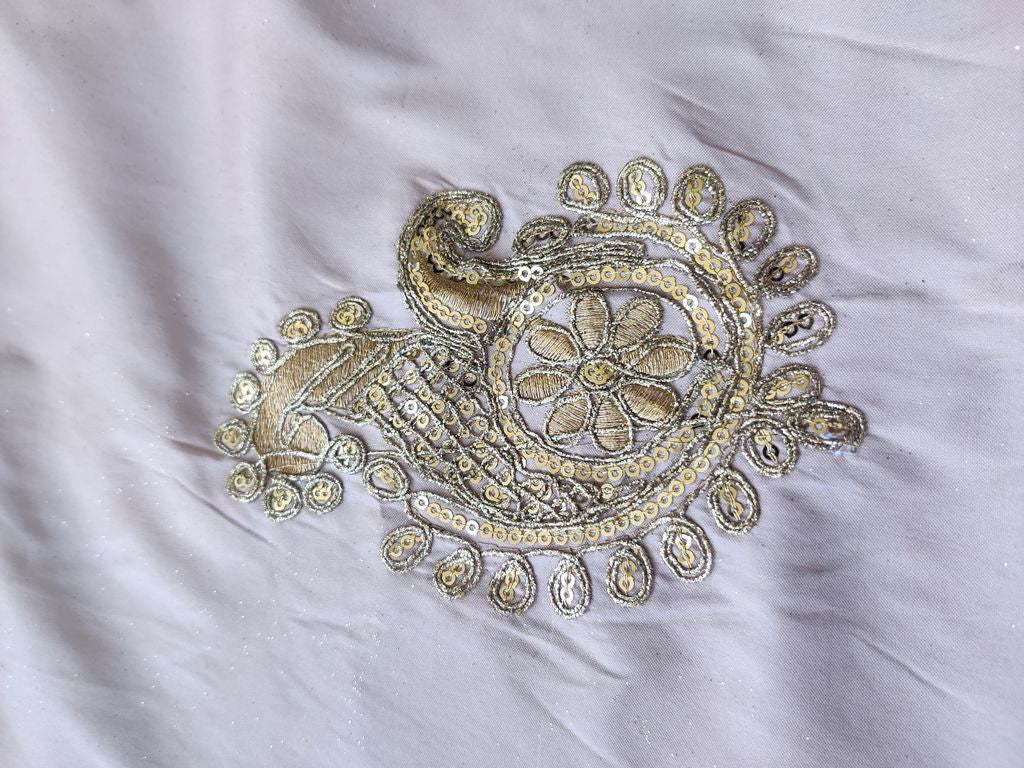 Peach Golden Sequins & Dori Floral Motifs Embroidered Taffeta Silk Fabric