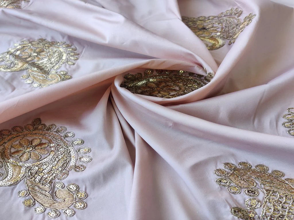 Peach Golden Sequins & Dori Floral Motifs Embroidered Taffeta Silk Fabric