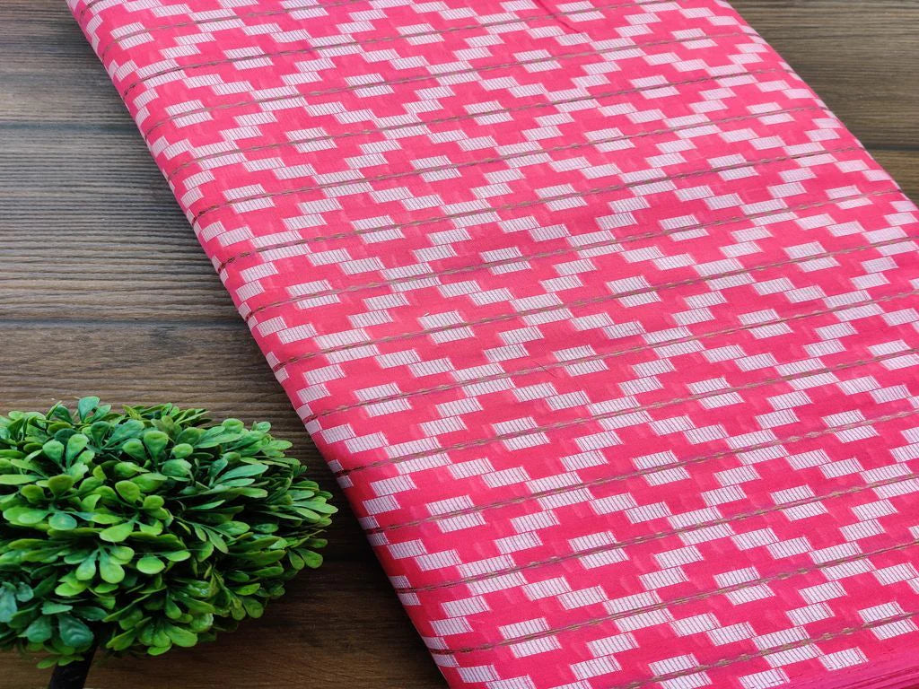 Bright Pink Geometric Self Pattern Ikat Cotton Fabric