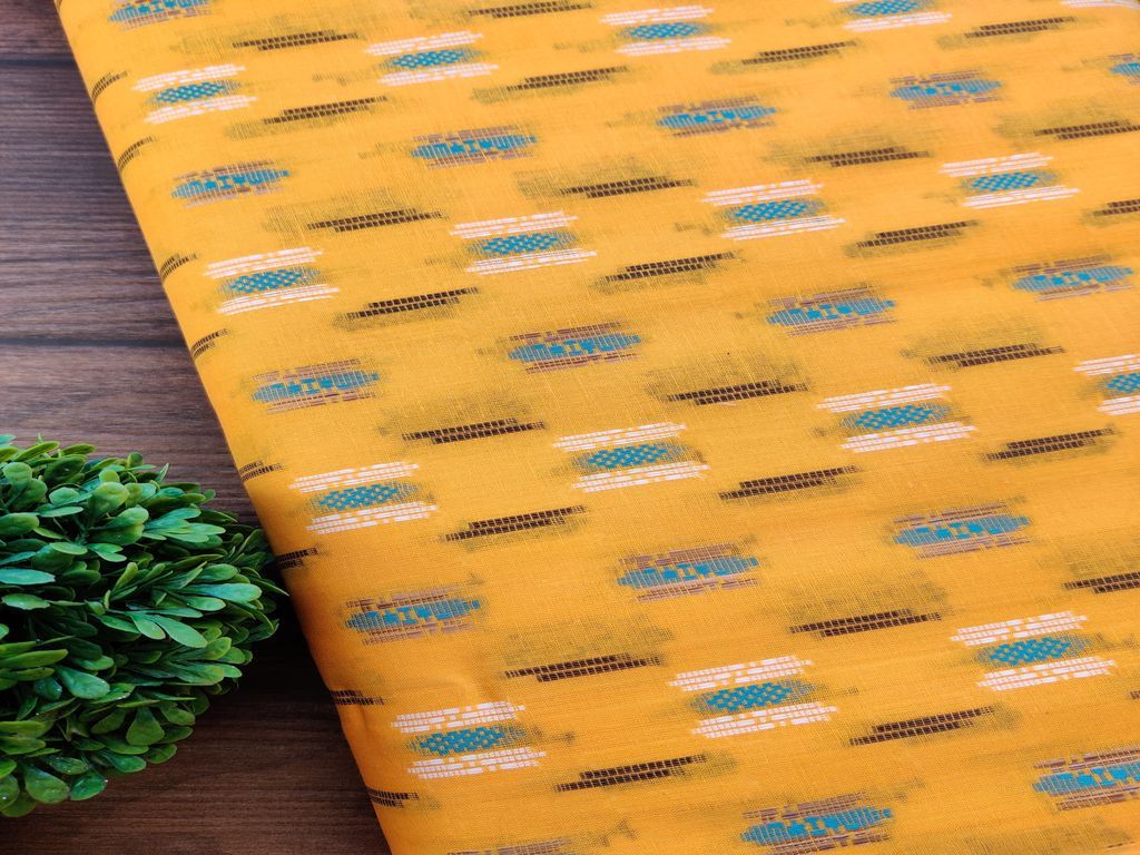 Yellow Abstract Bengal Butta Handloom Cotton Fabric