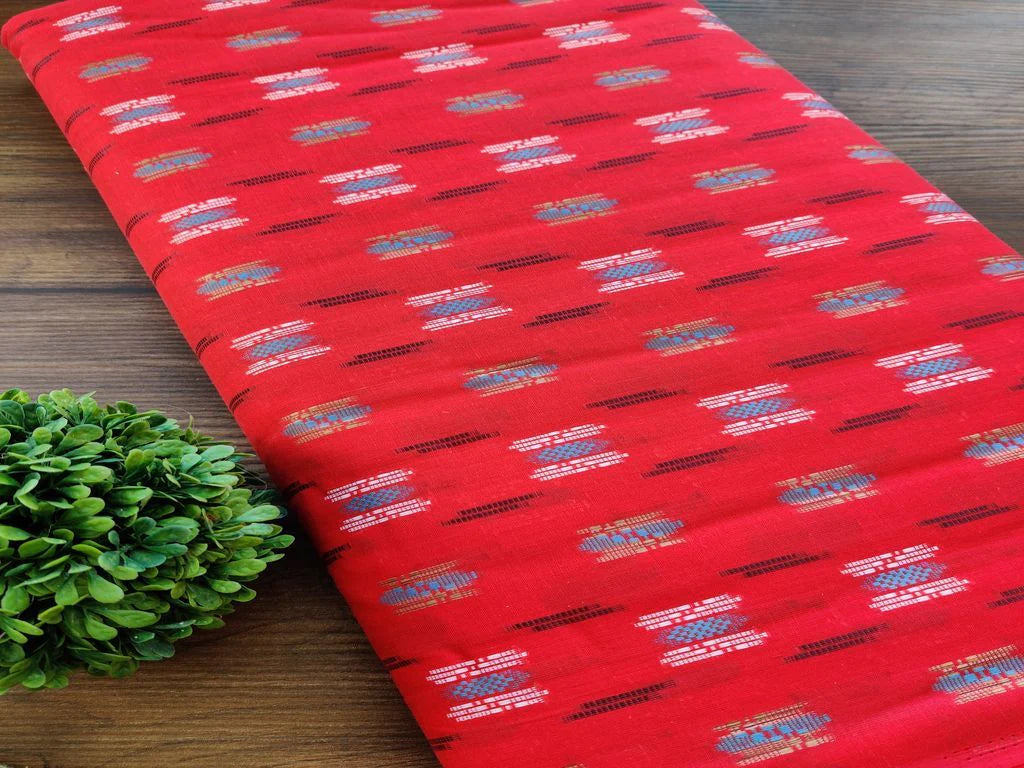 Tomato Red Abstract Bengal Butta Handloom Cotton Fabric