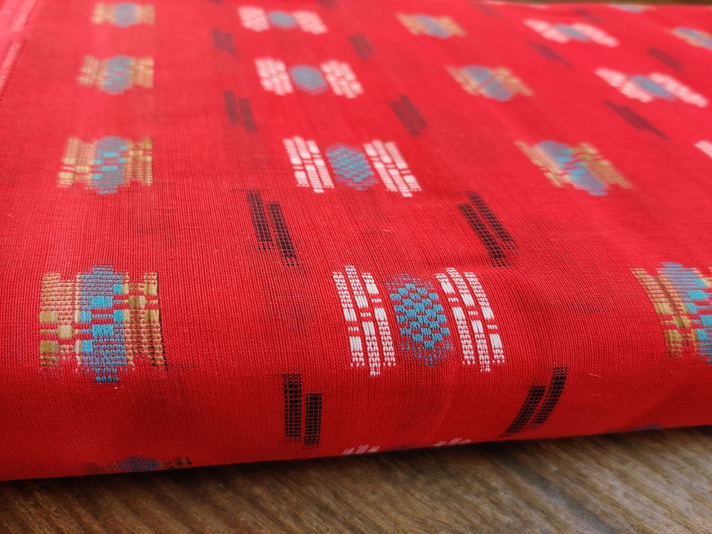 Tomato Red Abstract Bengal Butta Handloom Cotton Fabric