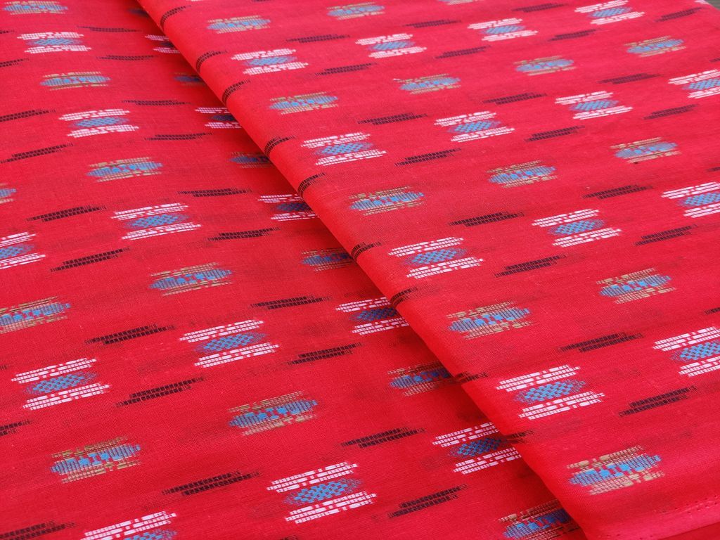 Tomato Red Abstract Bengal Butta Handloom Cotton Fabric