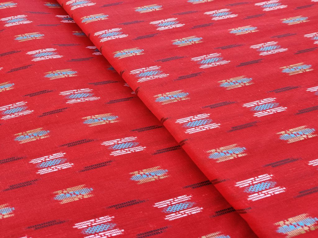 Rust Red Abstract Bengal Butta Handloom Cotton Fabric