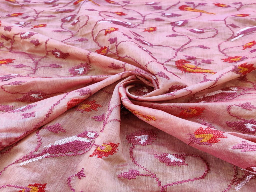Onion Pink Flowers Cross Stitch Embroidered Chanderi Fabric