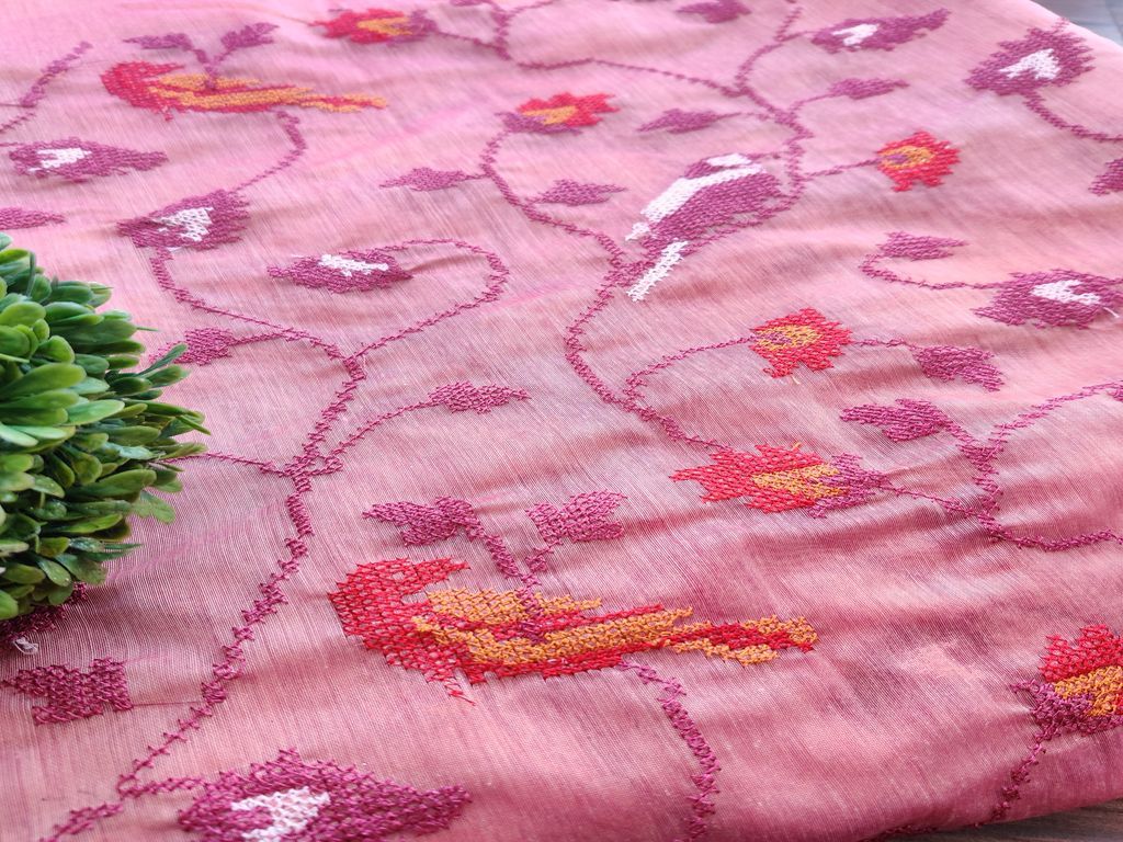 Onion Pink Flowers Cross Stitch Embroidered Chanderi Fabric